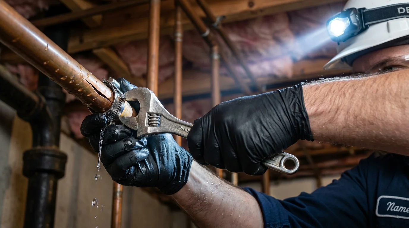 Emergency pipe clamp repair being performed by a Johns Plumbing LLC plumber in Mexico
