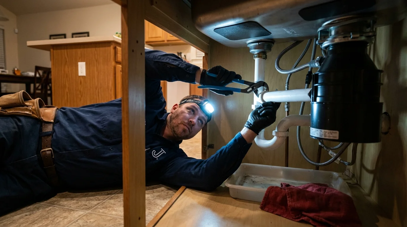 P-trap and supply line connections under a kitchen sink showing a common leak point in Mexico, NY